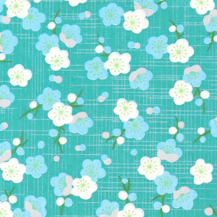 Papier Japonais - Fleurs de Prunier Rétro - Vert d'Eau, Turquoise et Bleu Ciel - M917