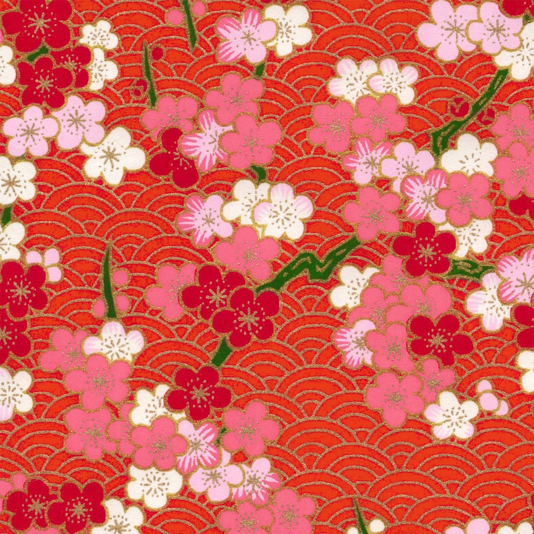 Japanese Paper Notebook - Plum Blossoms and Graphic Waves - Red, Pink and Gold - M919