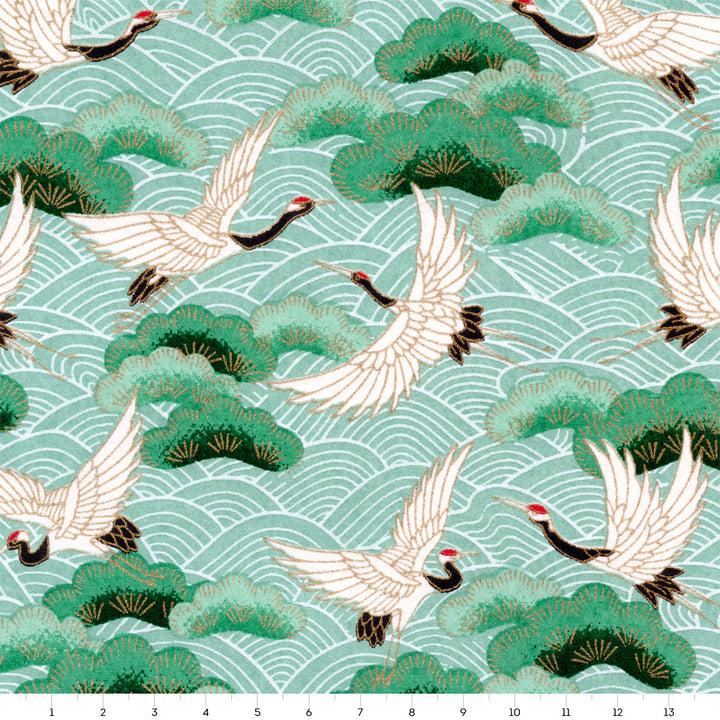 Japanese Paper - Cranes, Pines and Waves - Water Green and Fir Green - M921