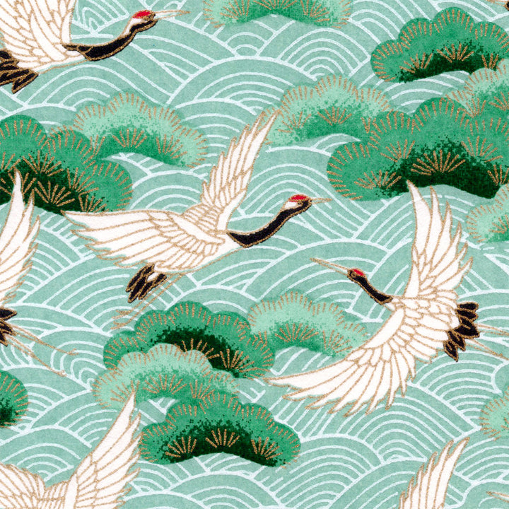 Papier Japonais - Grues, Pins et Vagues - Vert d'Eau et Vert Sapin - M921