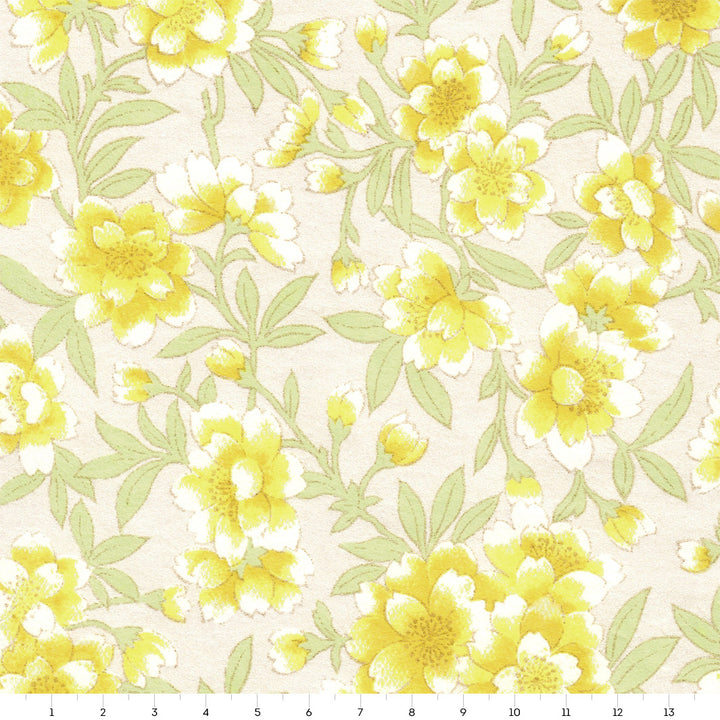 Japanese Paper - Imaginary Peonies and Cherry Blossoms - Yellow, Lime Green and Pearly White - M924 