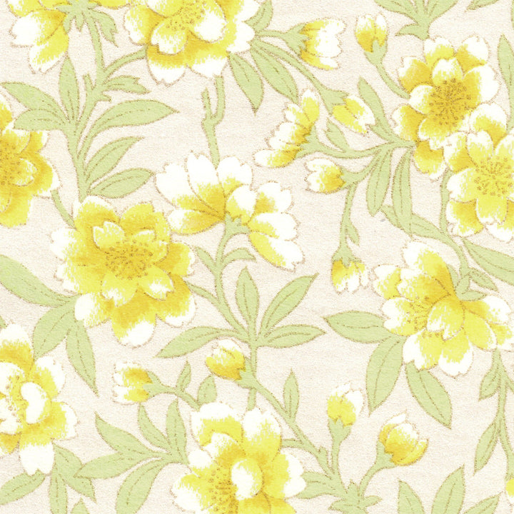 Japanese Paper - Imaginary Peonies and Cherry Blossoms - Yellow, Lime Green and Pearly White - M924 