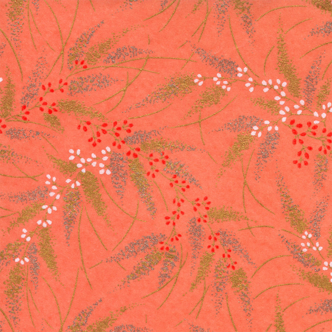 Japanese Paper Notebook - Conifers and Berries - Coral, Gold, Silver, White and Red - M925