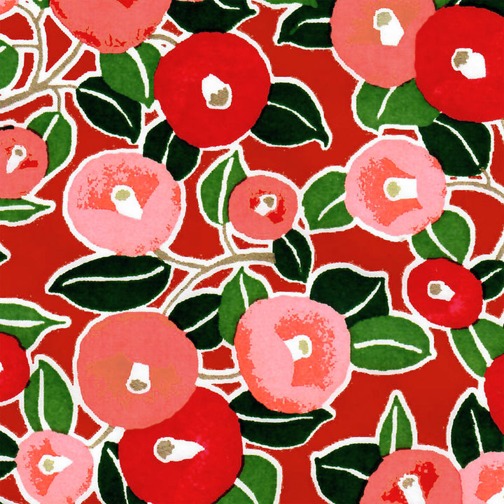 Japanese Paper - Camellias - Red, Coral, and Green - M937 