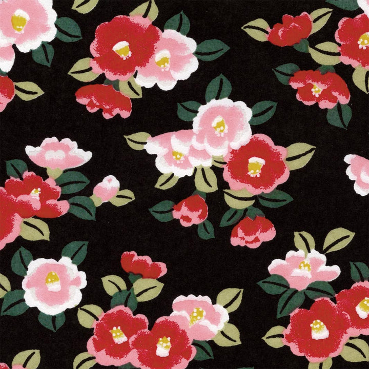 Japanese Paper - Tsubaki Camellias - Black, Red, Pink and Green - M946 