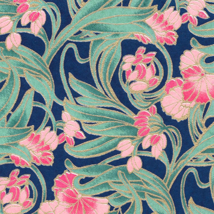 Papier Japonais - Fleurs Art Nouveau - Bleu, Vert et Rose - M947