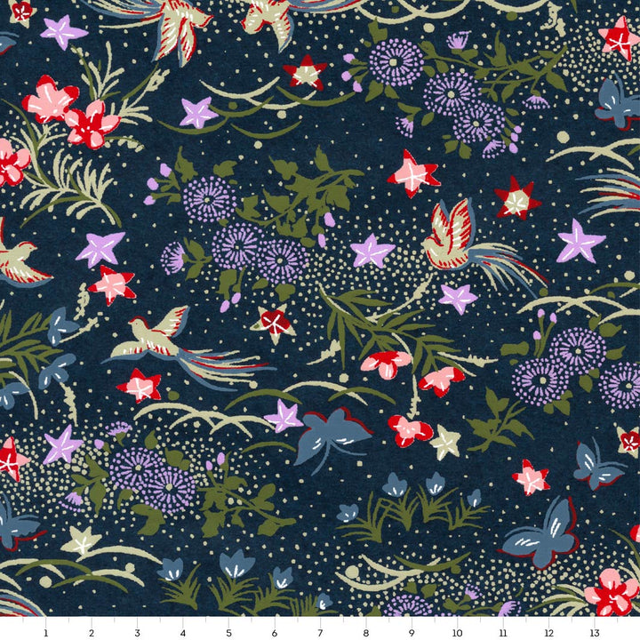 Japanese Paper - Flowers, Birds and Butterflies - Navy Blue, Red, Mauve, Light and Dark Green - M951 