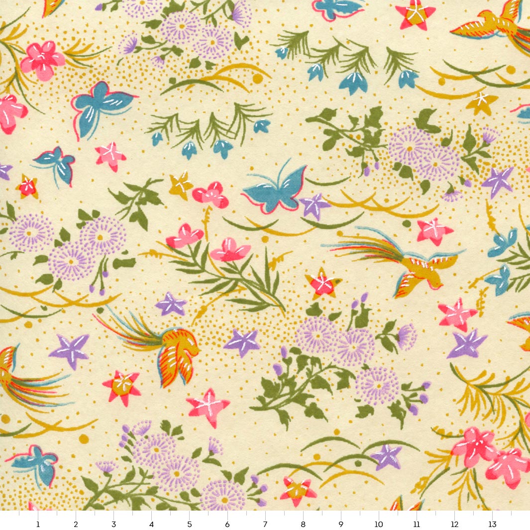 Papier Japonais - Fleurs, Oiseaux et Papillons - Jaune Pâle, Rose Vif, Bleu, Vert et Mauve - M953