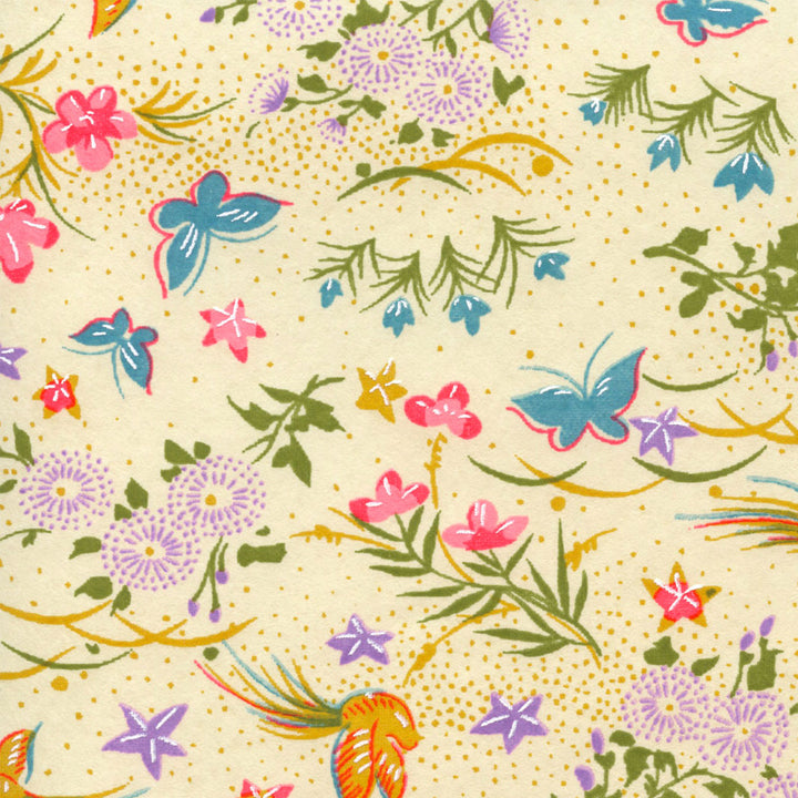 Papier Japonais - Fleurs, Oiseaux et Papillons - Jaune Pâle, Rose Vif, Bleu, Vert et Mauve - M953