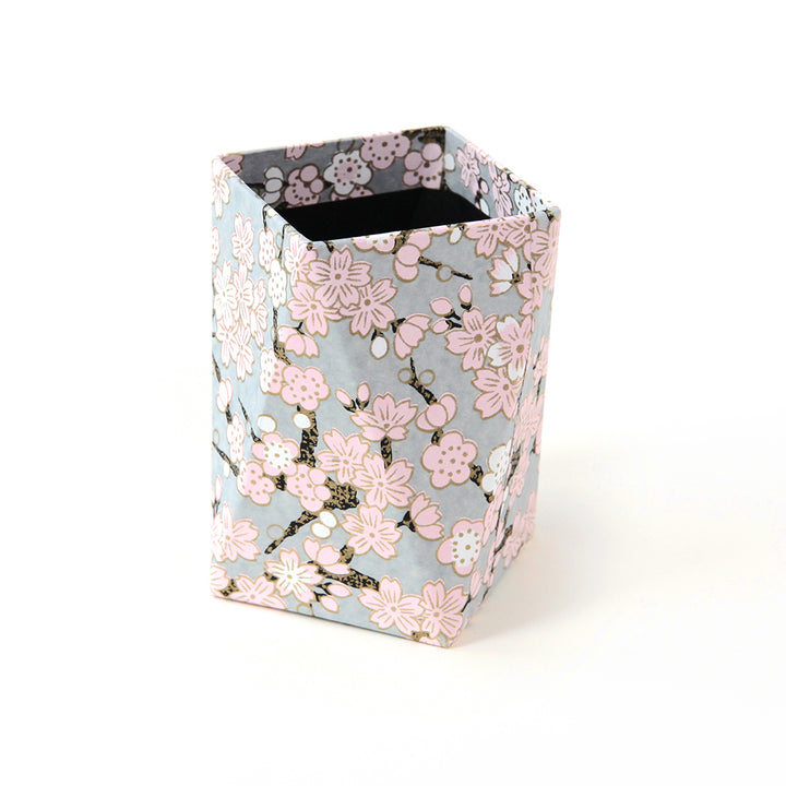 Prism pencil pot - Cherry and Plum Blossoms - Grey, Pink, White and Dark Brown - M360