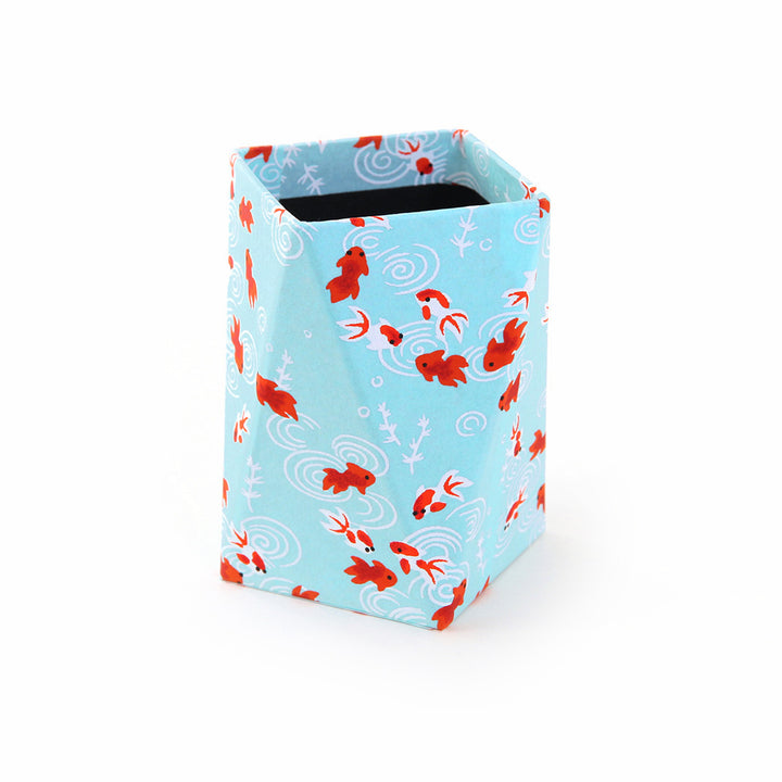 Prism pencil pot - Japanese Paper - Fish - Sky Blue and Red - M890