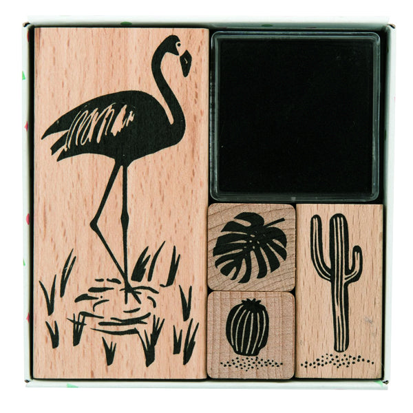 Set of 4 stamps with Black Ink - Tropical plants and pink flamingo