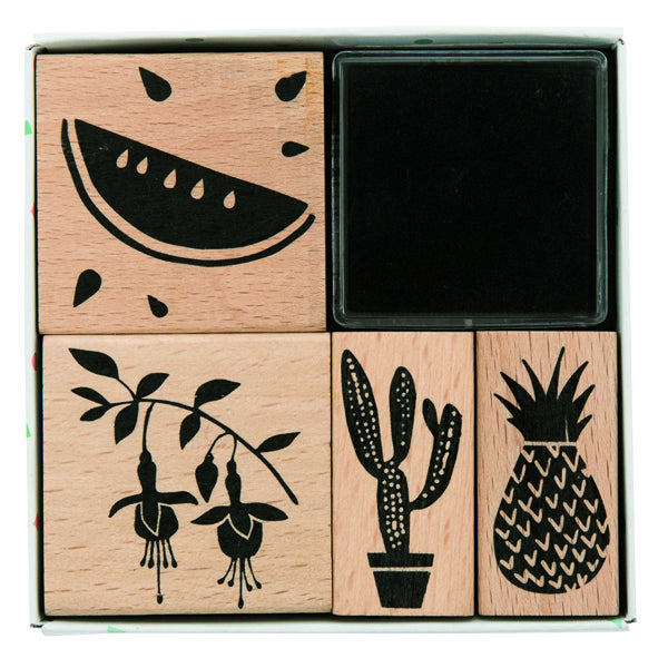 Set of 4 stamps with Black Ink - Tropical flowers and fruits