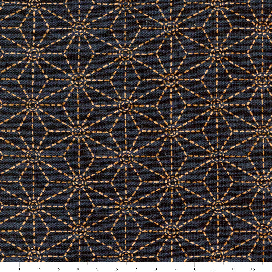 Japanese Fabric - Large Stars - Navy Blue and Ocher - T255