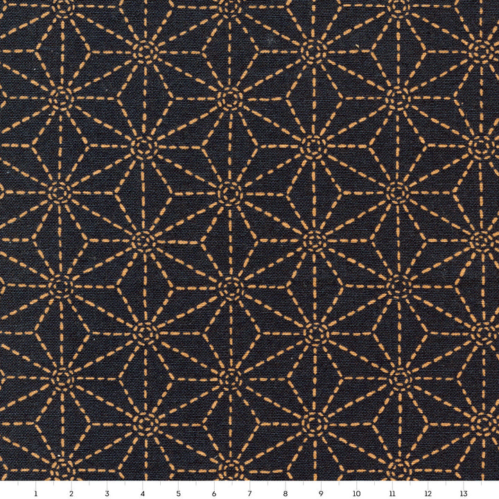 Tissu Japonais - Grandes Étoiles - Bleu Marine et Ocre - T255