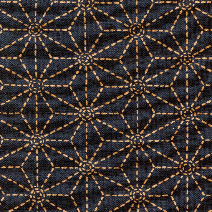 Tissu Japonais - Grandes Étoiles - Bleu Marine et Ocre - T255