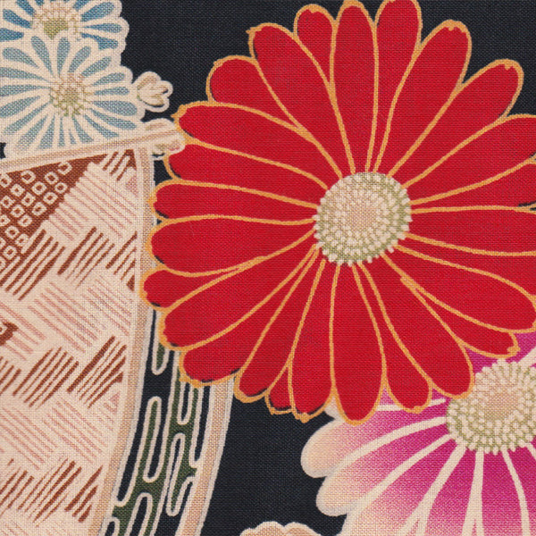 Tissu japonais Traditionelle Fleurs chrysanthèmes, rouge, rose fond noir- T256