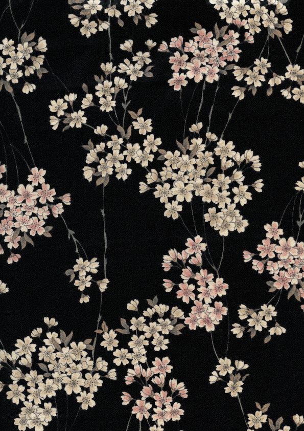 Japanese Fabric - Fine Branches of Cherry Blossoms - Black, Cream and Light Pink - T333