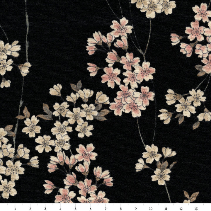 Japanese Fabric - Fine Branches of Cherry Blossoms - Black, Cream and Light Pink - T333