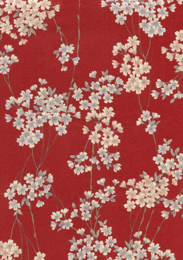 Japanese Fabric - Fine Branches of Cherry Blossoms - Dark Red, Light Gray and Pale Pink - T358