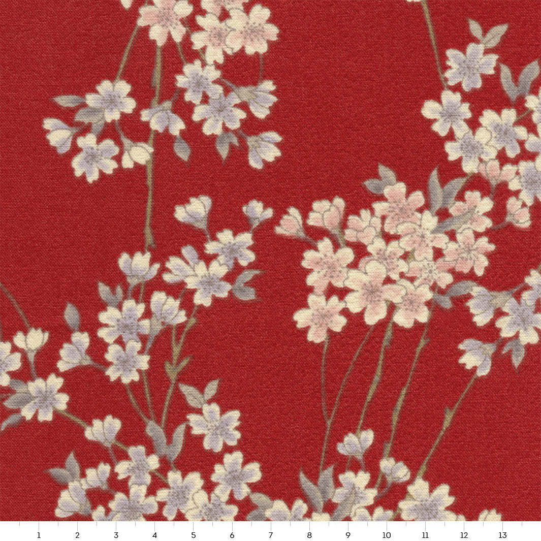 Japanese Fabric - Fine Branches of Cherry Blossoms - Dark Red, Light Gray and Pale Pink - T358