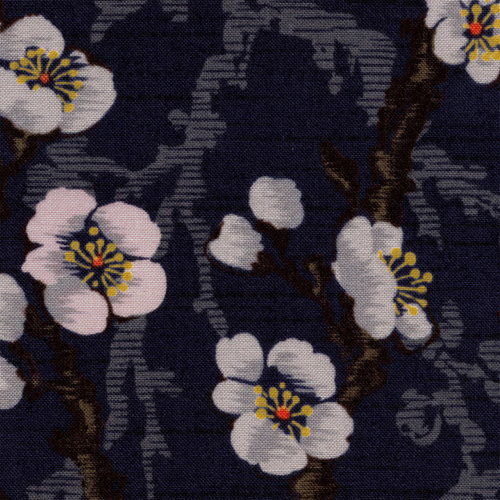 Tissu Japonais - Estampes de Fleurs de Prunier - Bleu Marine - T404