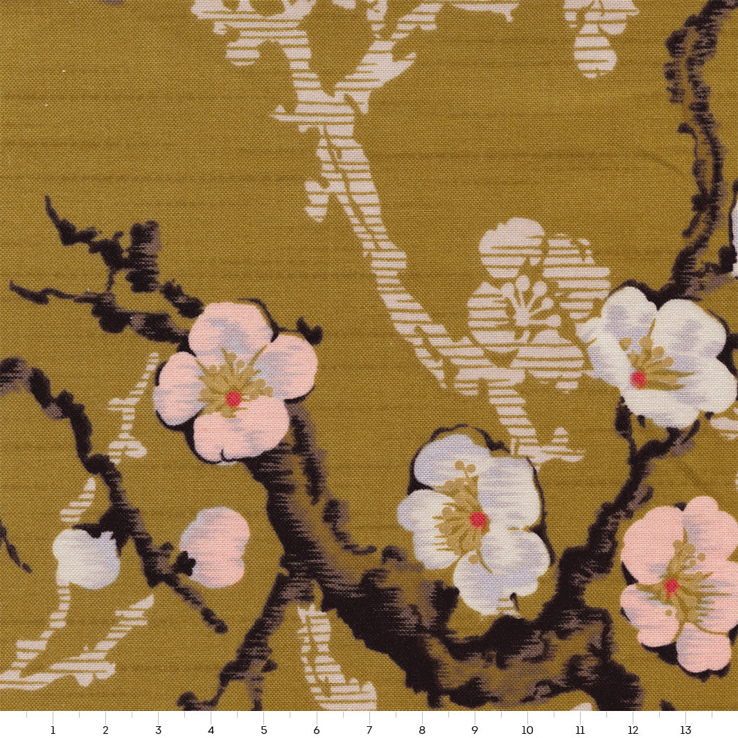 Japanese Fabric - Plum Blossom Prints - Mustard Yellow - T405