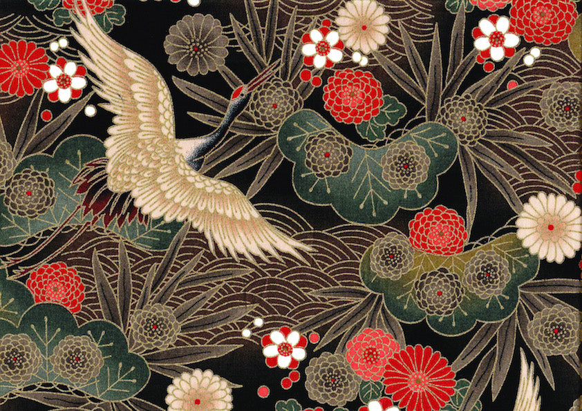 Tissu Japonais - Grues, Pins et Chrysanthème - Noir, Taupe, Rouge et Vert - T464