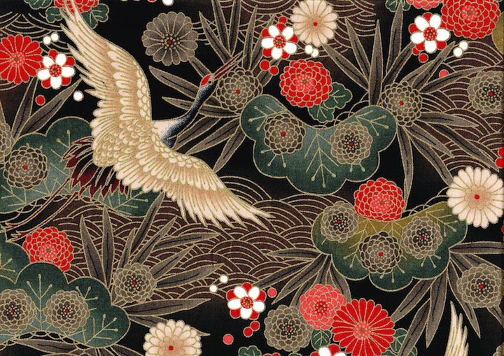 Japanese Fabric - Cranes, Pines and Chrysanthemum - Black, Taupe, Red and Green - T464