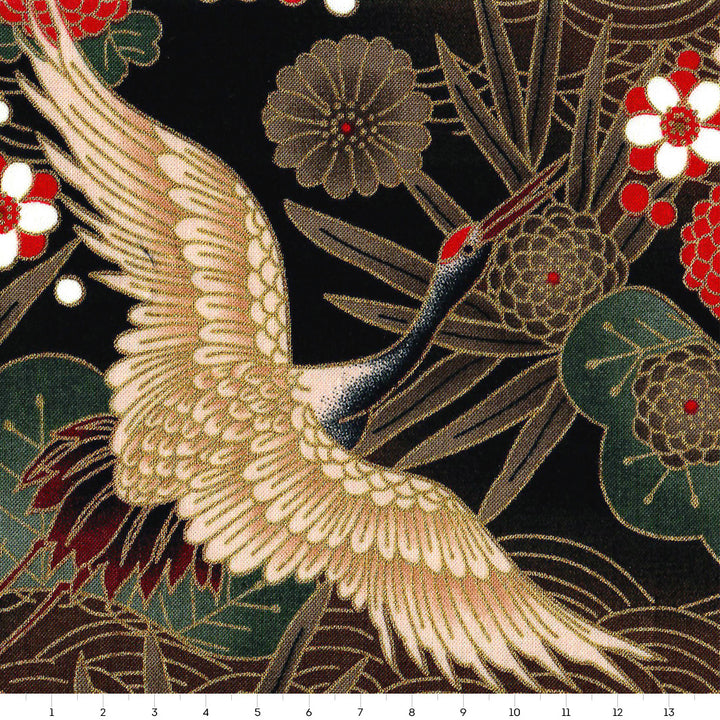 Tissu Japonais - Grues, Pins et Chrysanthème - Noir, Taupe, Rouge et Vert - T464