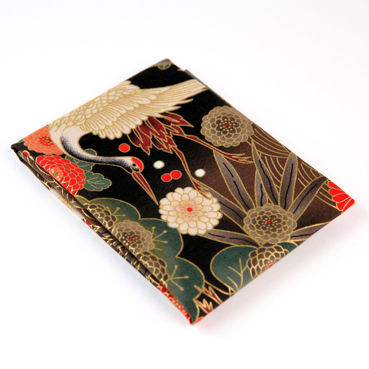 Japanese Fabric - Cranes, Pines and Chrysanthemum - Black, Taupe, Red and Green - T464