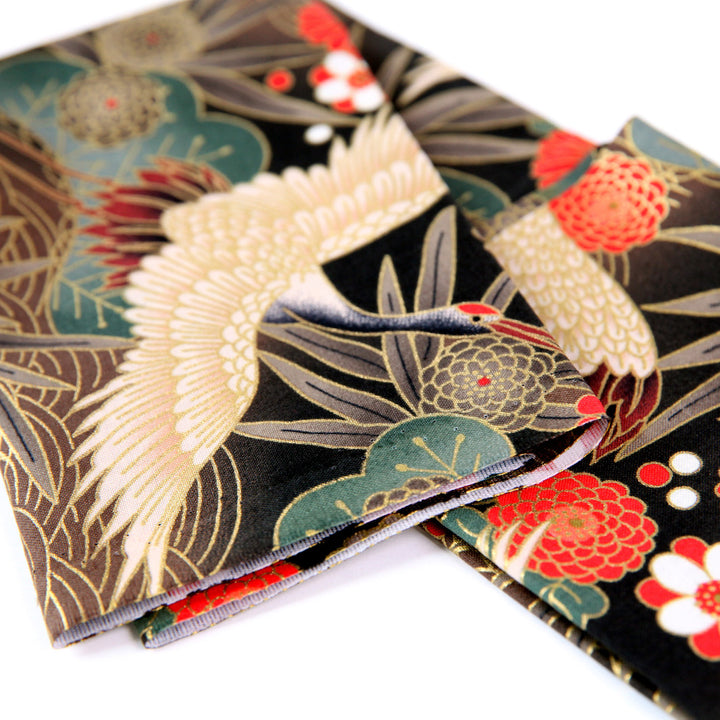 Japanese Fabric - Cranes, Pines and Chrysanthemum - Black, Taupe, Red and Green - T464