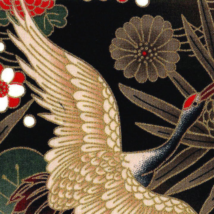 Tissu Japonais - Grues, Pins et Chrysanthème - Noir, Taupe, Rouge et Vert - T464