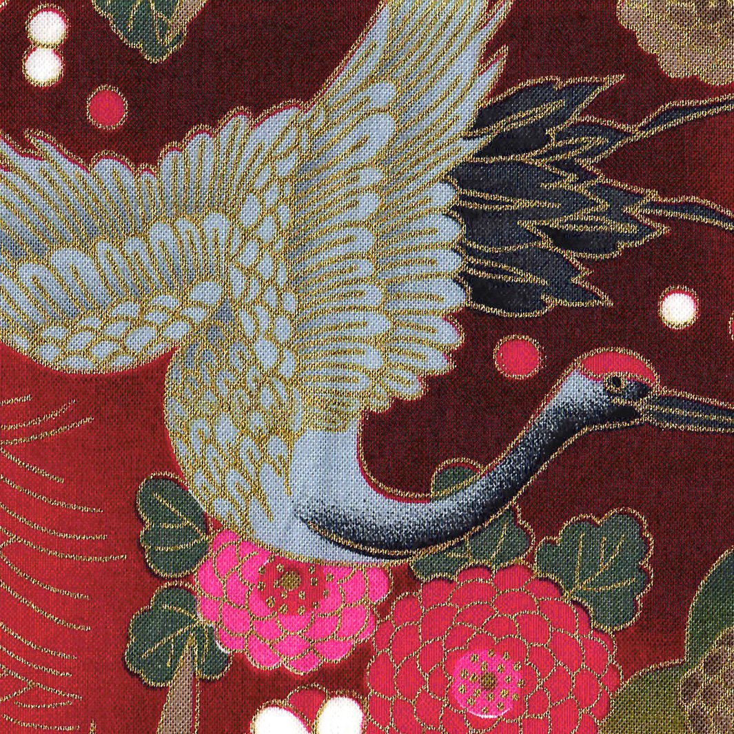 Cabas en Tissus Japonais - Grues, Pins et Chrysanthème - Rouge, Fuschia, Taupe, Gris et Vert