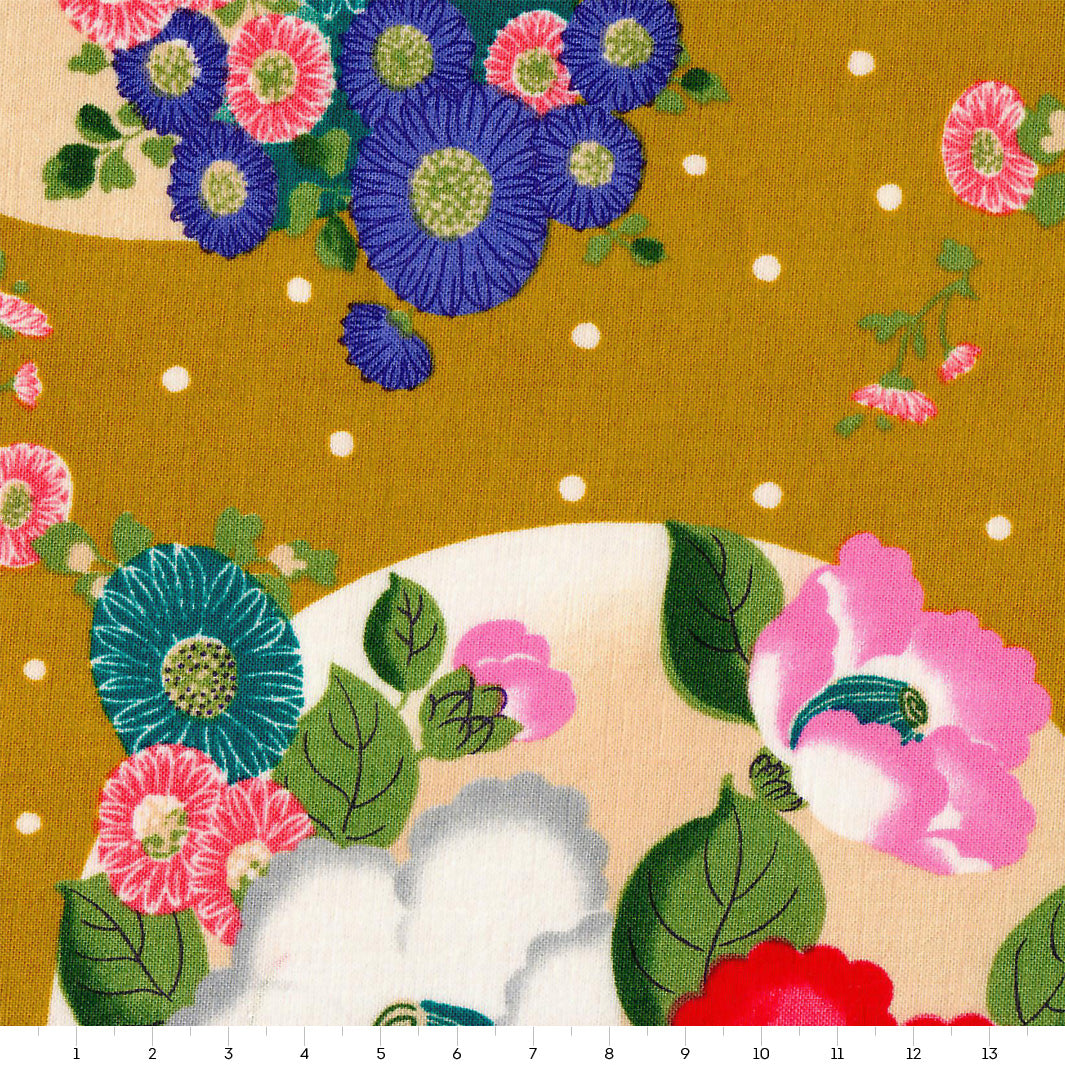 Tissu Japonais - Lunes, Chrysanthèmes et Camélias - Jaune Moutarde, Rose, Bleu Canard et Indigo - T467