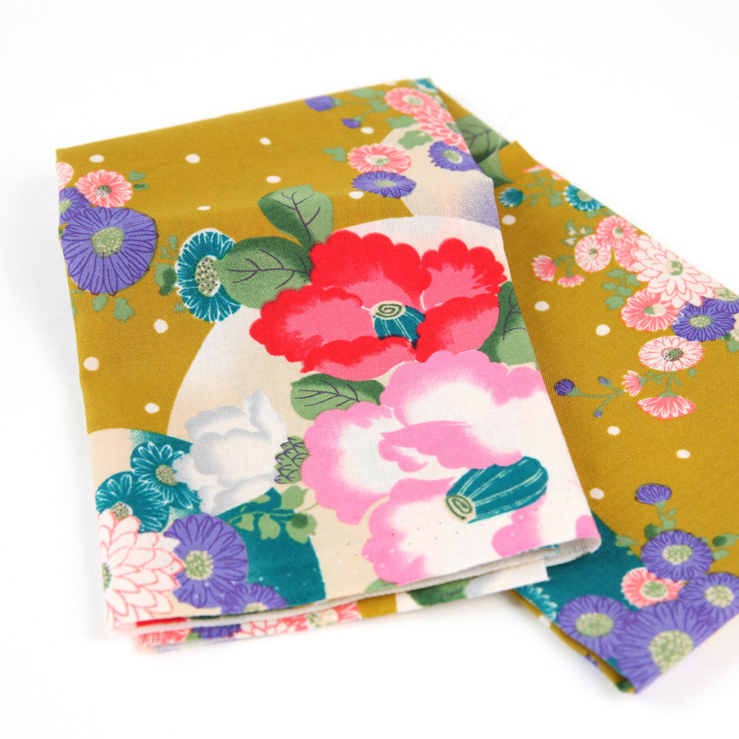 Tissu Japonais - Lunes, Chrysanthèmes et Camélias - Jaune Moutarde, Rose, Bleu Canard et Indigo - T467