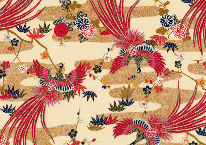 Tissu Japonais - Phoenix, Feuilles de Bambou et Chrysanthèmes - Beige, Ocre et Rouge - T471