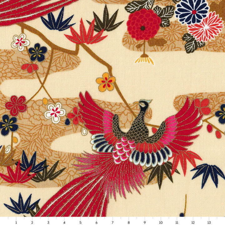 Tissu Japonais - Phoenix, Feuilles de Bambou et Chrysanthèmes - Beige, Ocre et Rouge - T471