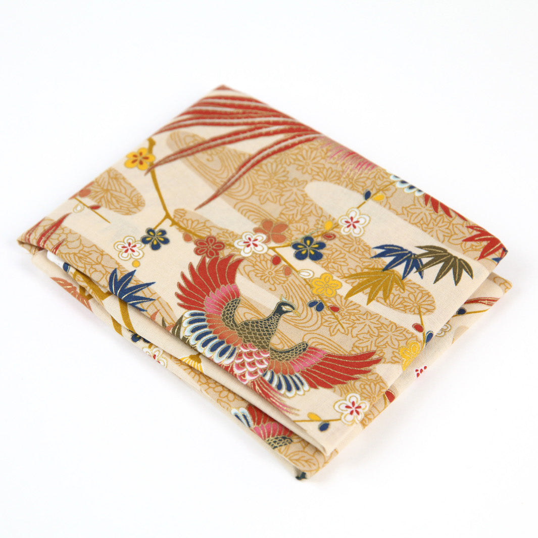 Tissu Japonais - Phoenix, Feuilles de Bambou et Chrysanthèmes - Beige, Ocre et Rouge - T471