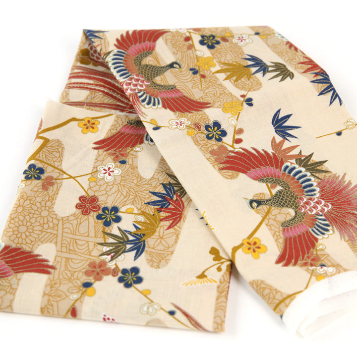 Tissu Japonais - Phoenix, Feuilles de Bambou et Chrysanthèmes - Beige, Ocre et Rouge - T471