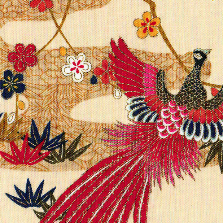 Tissu Japonais - Phoenix, Feuilles de Bambou et Chrysanthèmes - Beige, Ocre et Rouge - T471