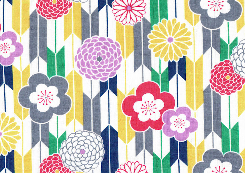 Tissu Japonais - Flèches, Chrysanthèmes et Fleurs de Prunier - Jaune, Gris, Bleu, Vert, Fuschia et Violet - T473