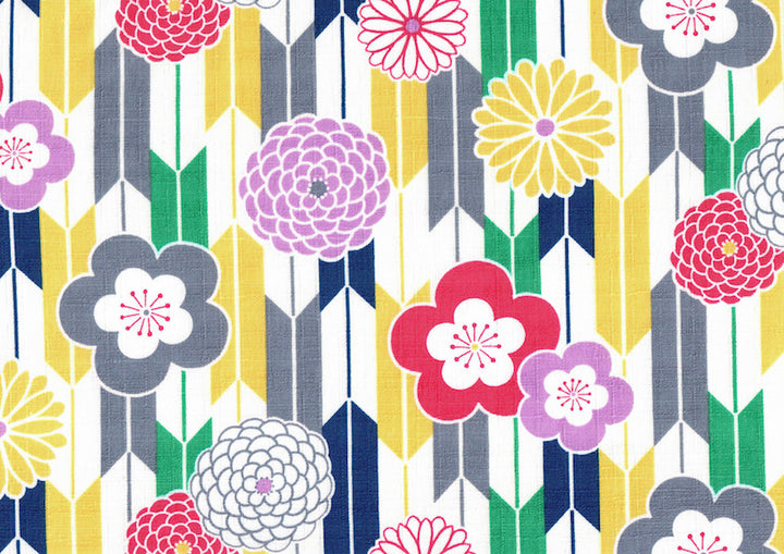 Tissu Japonais - Flèches, Chrysanthèmes et Fleurs de Prunier - Jaune, Gris, Bleu, Vert, Fuschia et Violet - T473