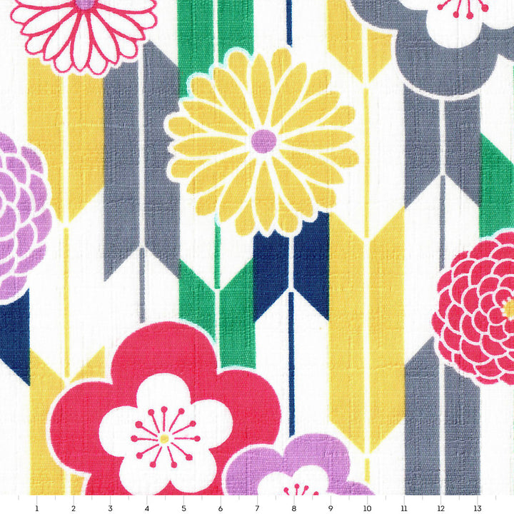 Tissu Japonais - Flèches, Chrysanthèmes et Fleurs de Prunier - Jaune, Gris, Bleu, Vert, Fuschia et Violet - T473