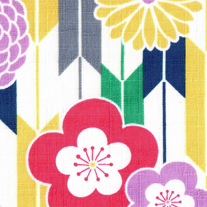 Tissu Japonais - Flèches, Chrysanthèmes et Fleurs de Prunier - Jaune, Gris, Bleu, Vert, Fuschia et Violet - T473