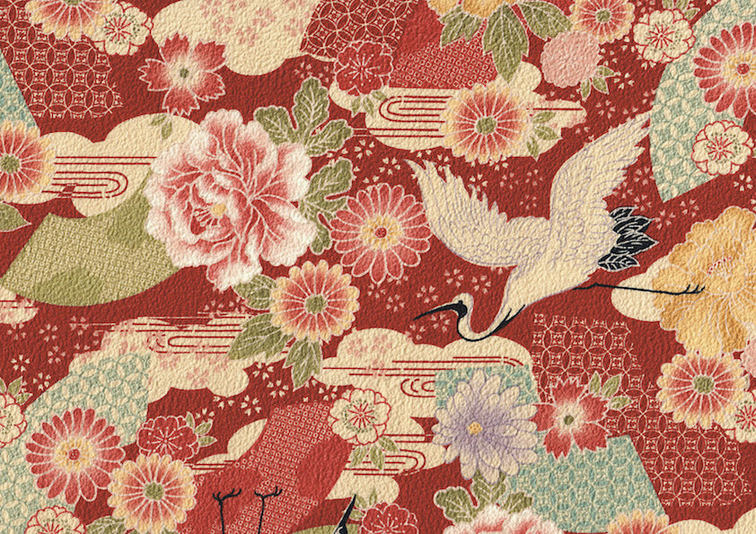 Tissu Japonais - Grues, Fleurs et Ellipses - Rouge Brique, Beige, Vert et Bleu Ciel - T474