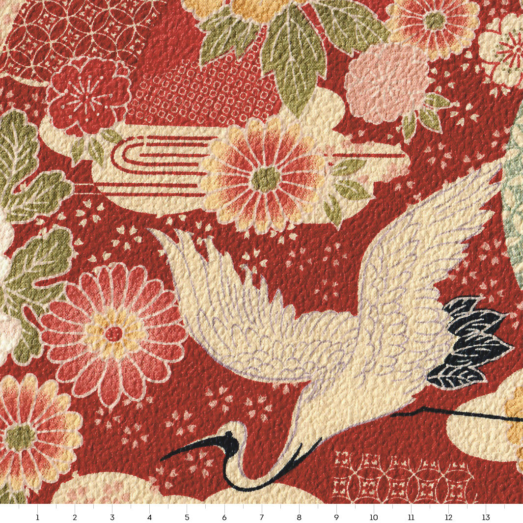 Tissu Japonais - Grues, Fleurs et Ellipses - Rouge Brique, Beige, Vert et Bleu Ciel - T474