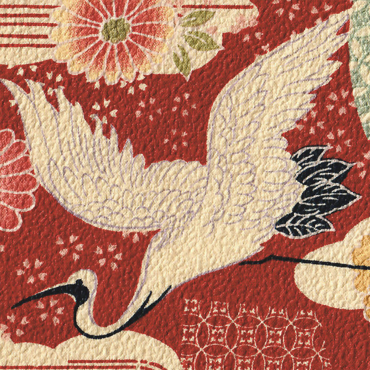 Tissu Japonais - Grues, Fleurs et Ellipses - Rouge Brique, Beige, Vert et Bleu Ciel - T474