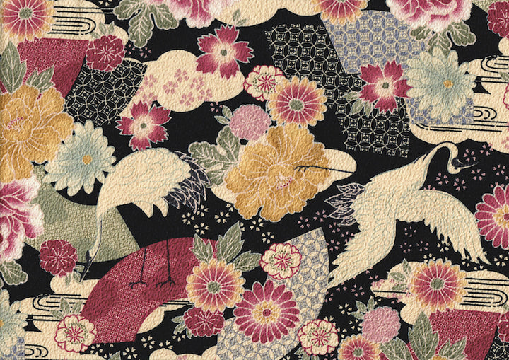 Tissu Japonais - Grues, Fleurs et Ellipses - Noir, Beige, Lie de Vin, Vert de Gris - T475