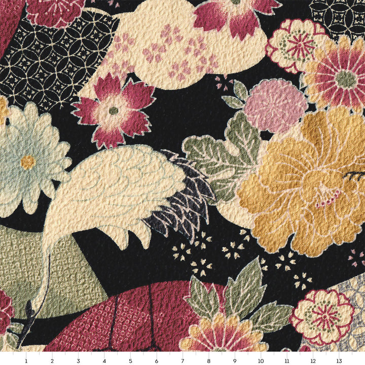 Tissu Japonais - Grues, Fleurs et Ellipses - Noir, Beige, Lie de Vin, Vert de Gris - T475